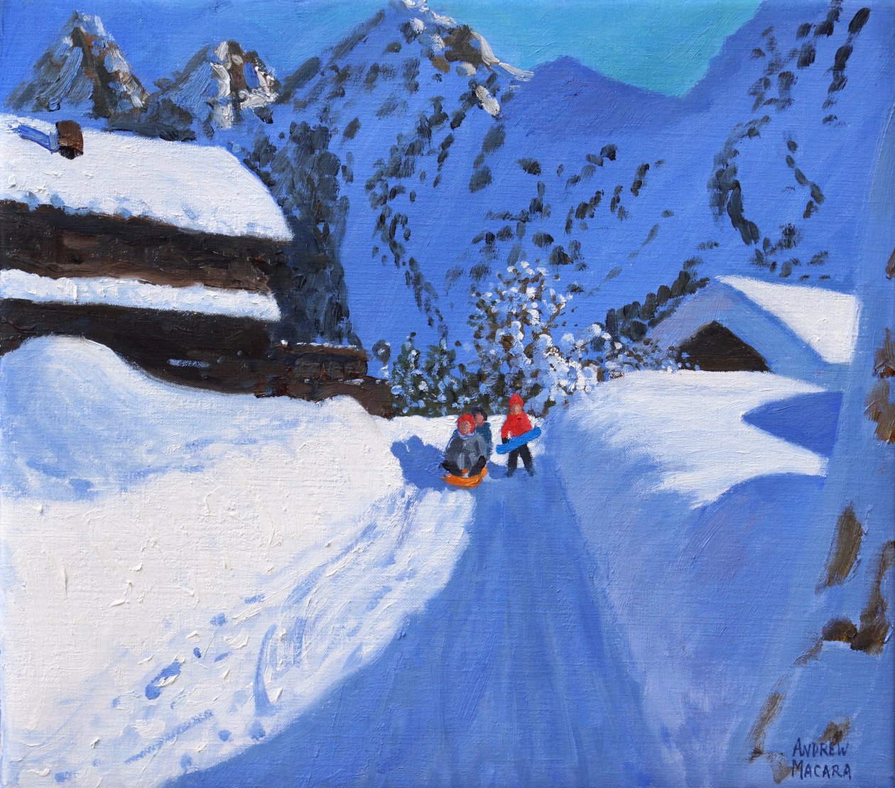 Drie rodelaars, La Clusaz, Frankrijk, 2017 door Unbekannt Unbekannt