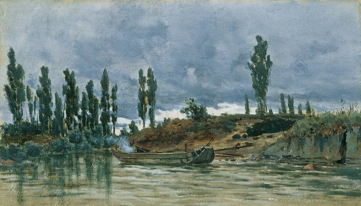 Rivierlandschap met Boot door Unbekannter Künstler