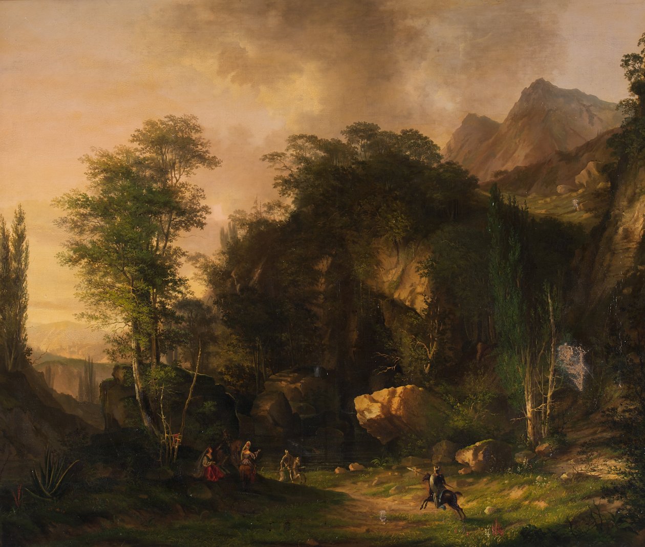 Berglandschap met vechtende ridders door Unbekannter Künstler