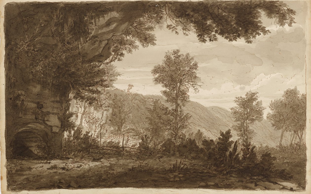 Italiaans landschap met grot ingang door Unbekannter Künstler
