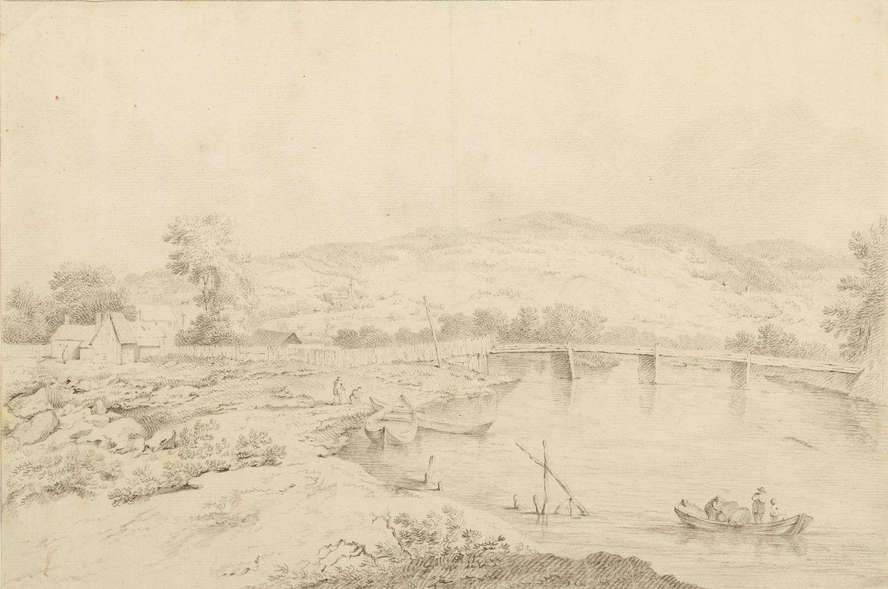 Landschap aan de rivier, met bruggen en boten door Unbekannter Künstler