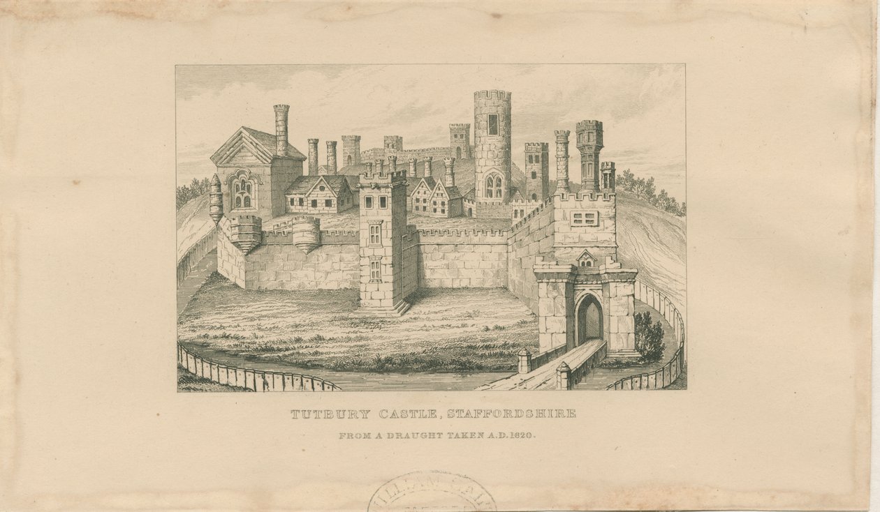 Tutbury Kasteel: staalgravure, 1620 door Unbekannt