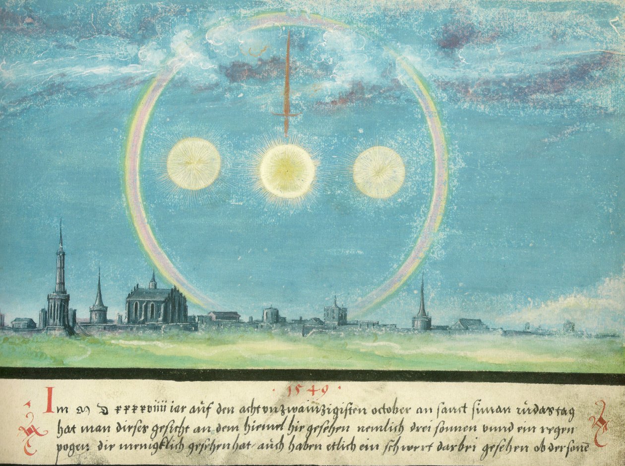 Augsburger Wunderzeichenbuch — Folio 164: Nebensonnen en zwaard 28 oktober 1549 door Unknown