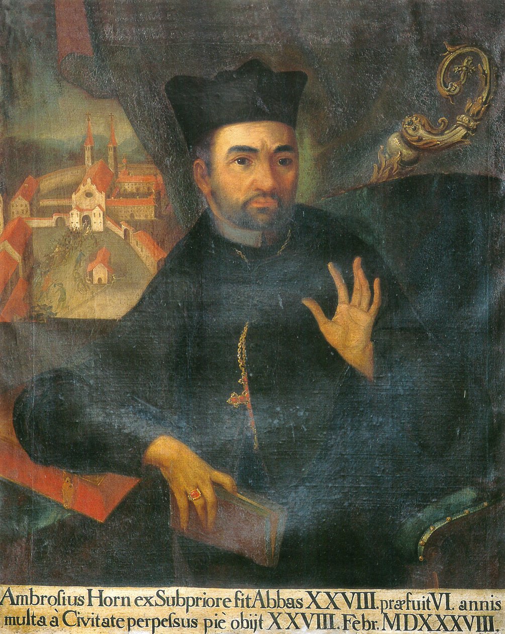 de 28e abt, Ambrosius Horn, met op de achtergrond beeldenstorm in het klooster Isny door Unknown
