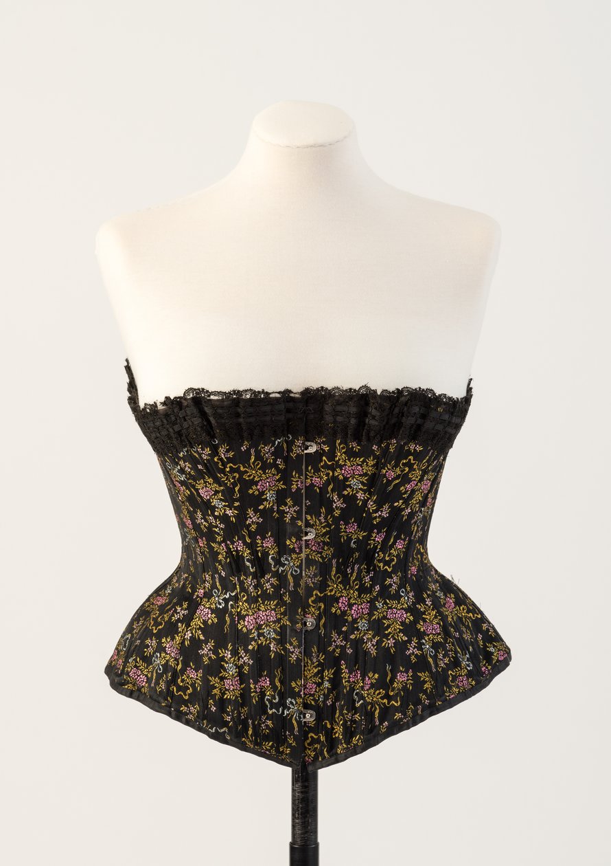 Zwart geweven zijden korset met kleine blauwe en roze bloemen, 1890s door Unbekannt Unbekannt