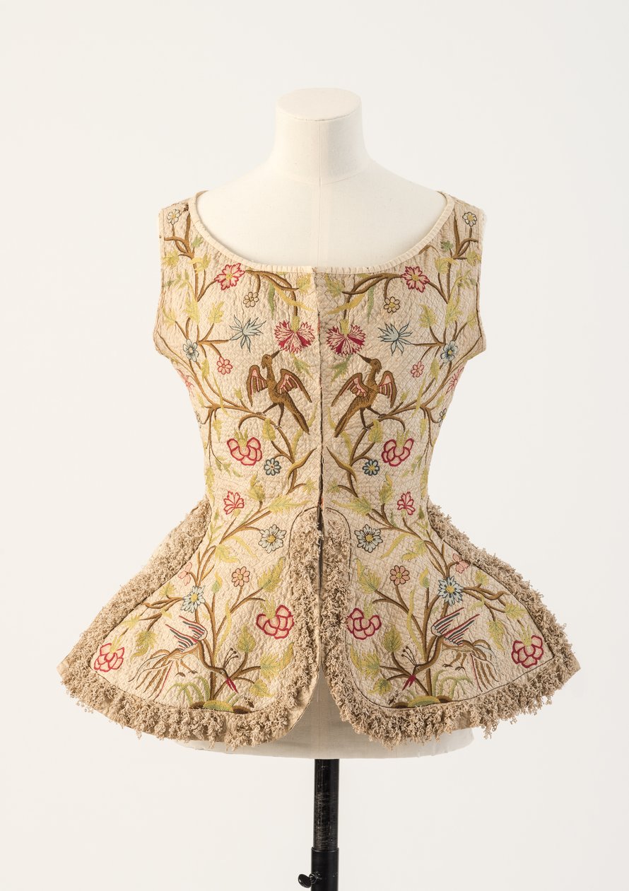 Groene en roze linnen geborduurd damesvest, 1700s door Unbekannt Unbekannt
