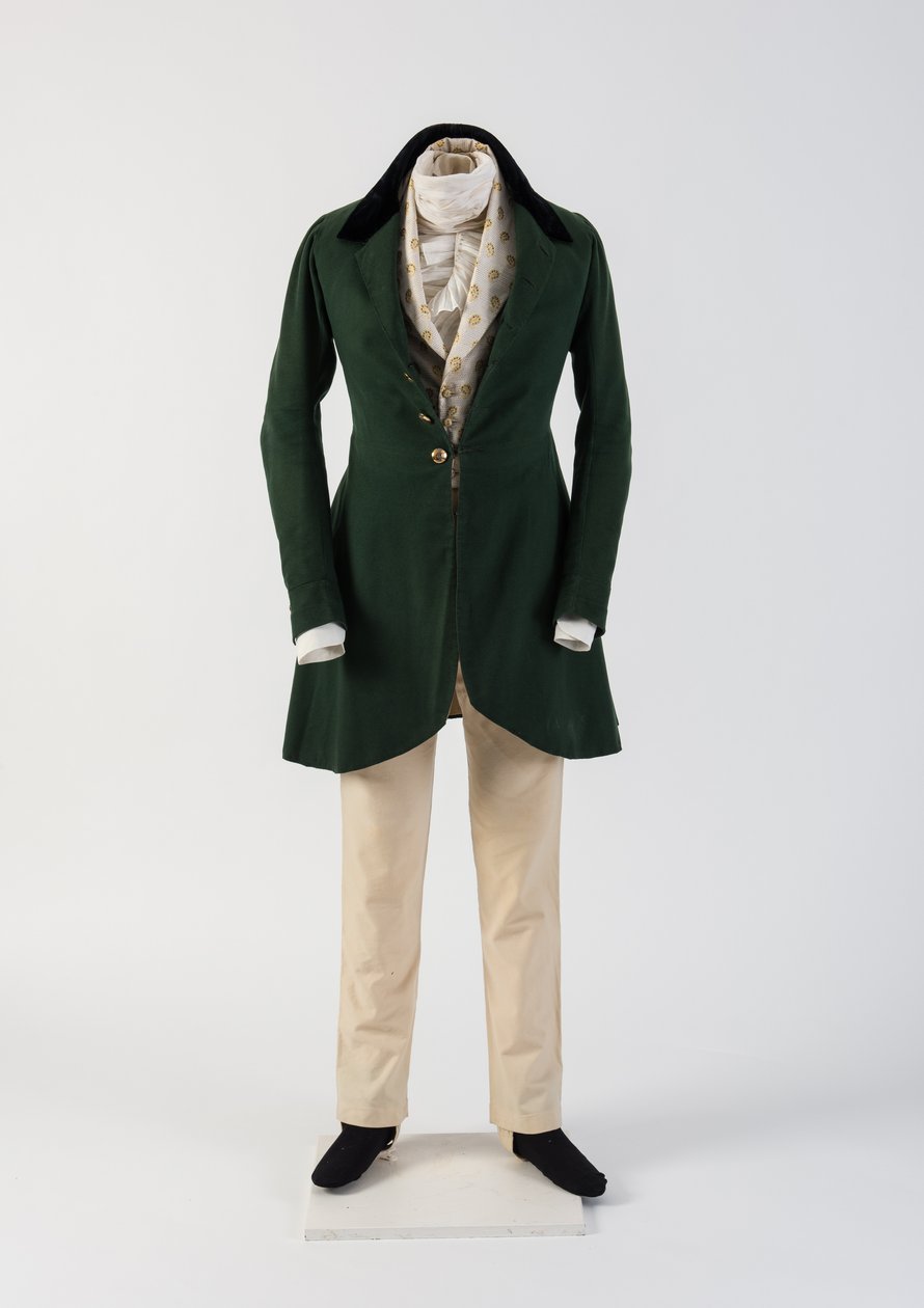 Mans groene wollen jas, met wollen broek en geweven vest, 1830s door Unbekannt Unbekannt