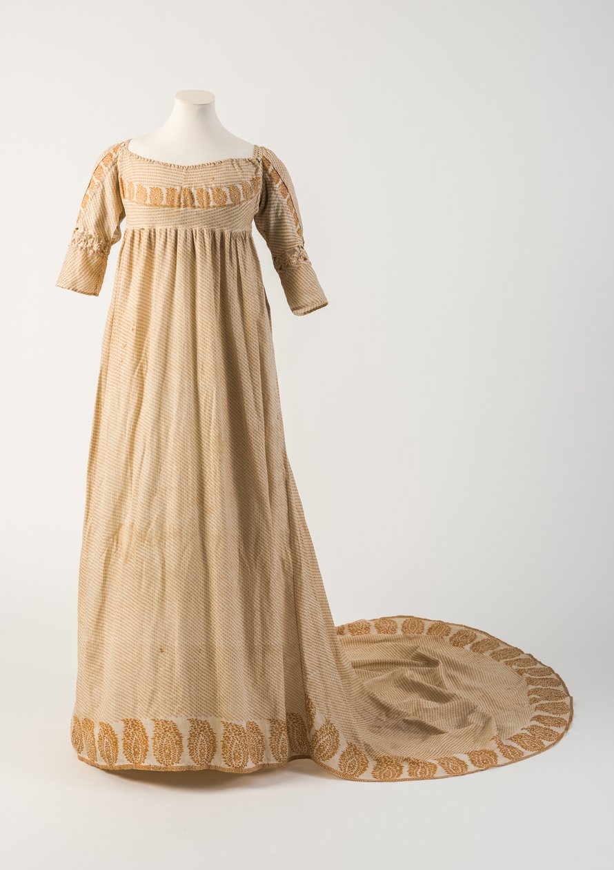 Oranjegele bedrukte katoenen jurk, met dennenappel- of patka-motief, 1800 door Unbekannt Unbekannt