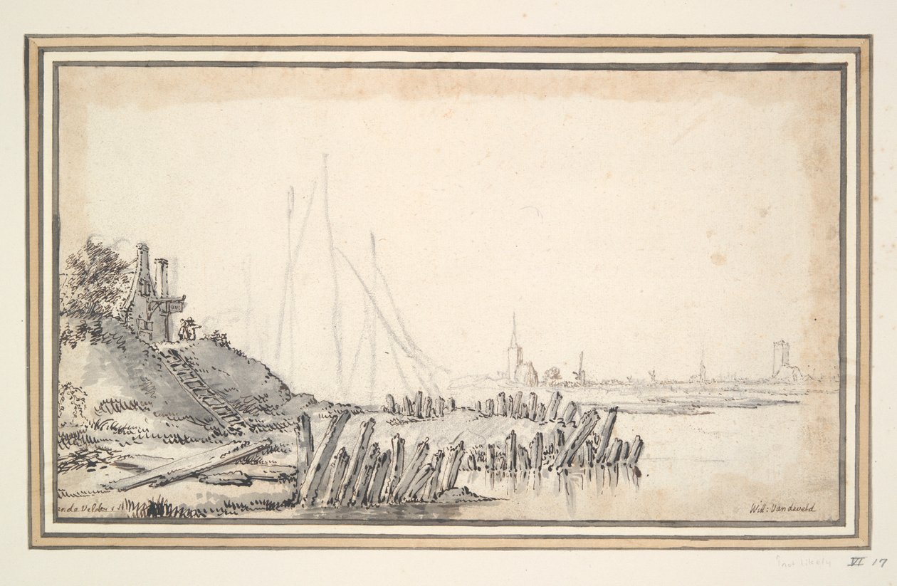 Een herberg bij een rivier door Unknown