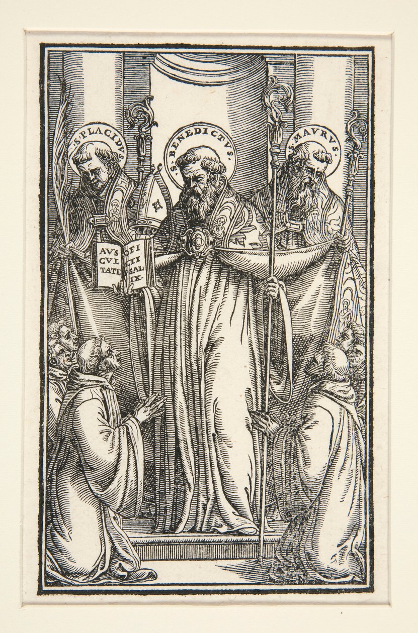 Boekillustratie met drie heiligen door Unknown