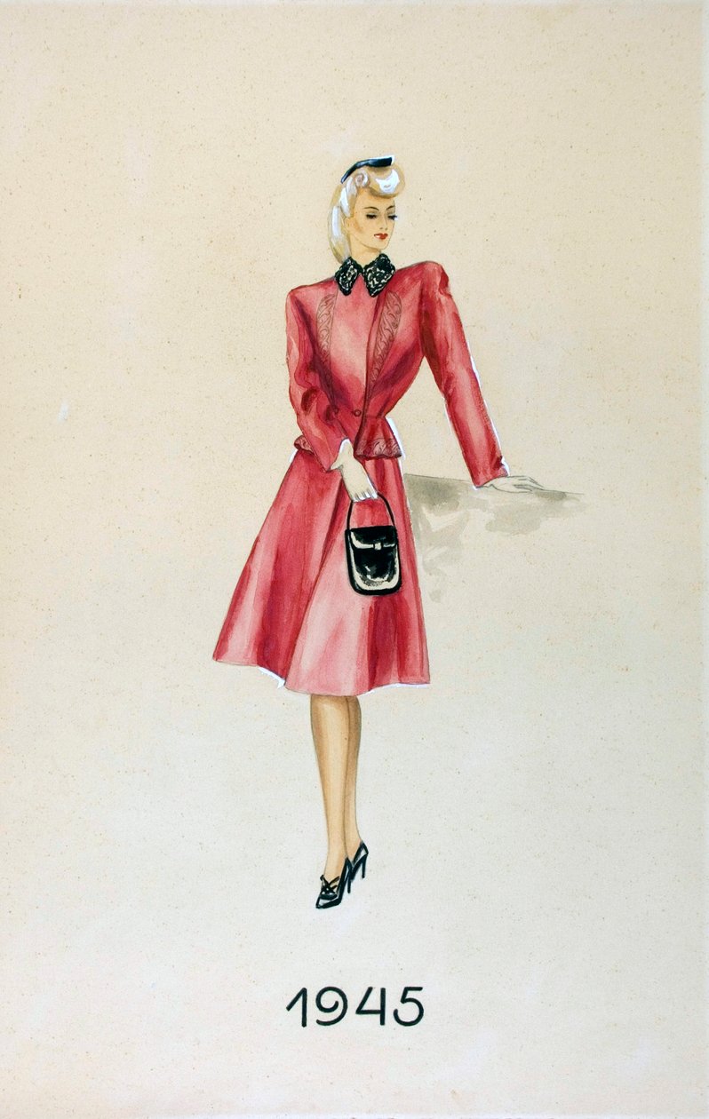 Model in een pak, met een handtas, 1945 door Unknown