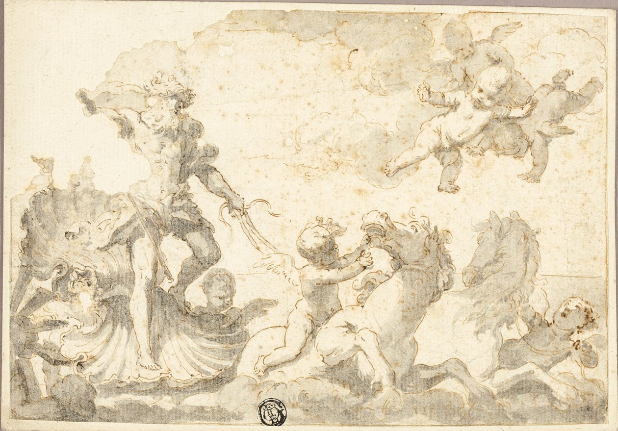 Neptunus rijdt op zijn strijdwagen in de zee door Unknown