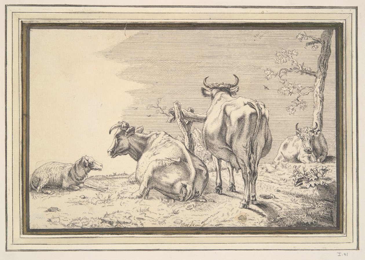 Drie koeien en een schaap door Unknown