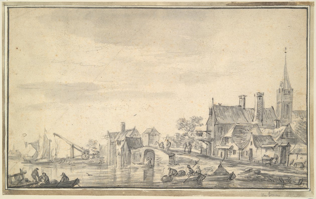 Dorp bij water door Unknown