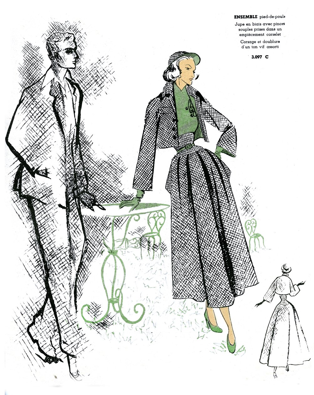 Franse mode, ontwerp voor houndstooth outfit. door Unknown artist