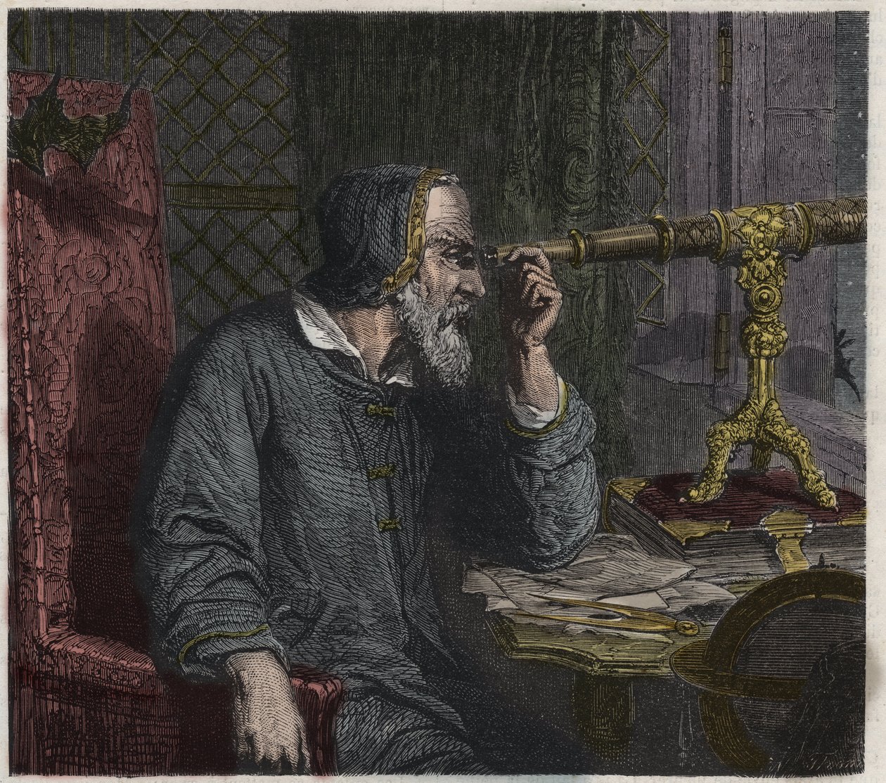 Galileo Galilei en zijn telescoop door Unknown artist