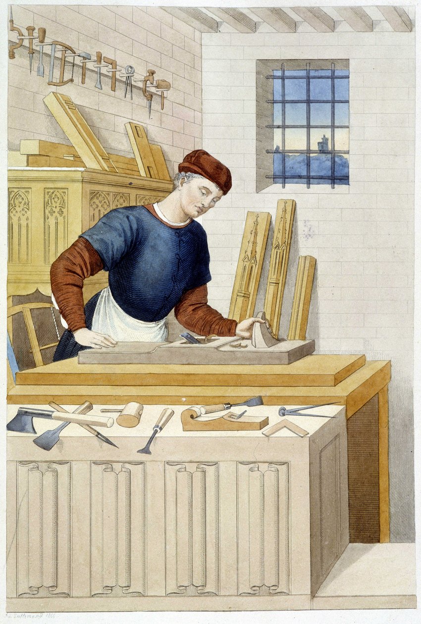 Timmerwerk in de 16e eeuw - gravure door Unknown artist