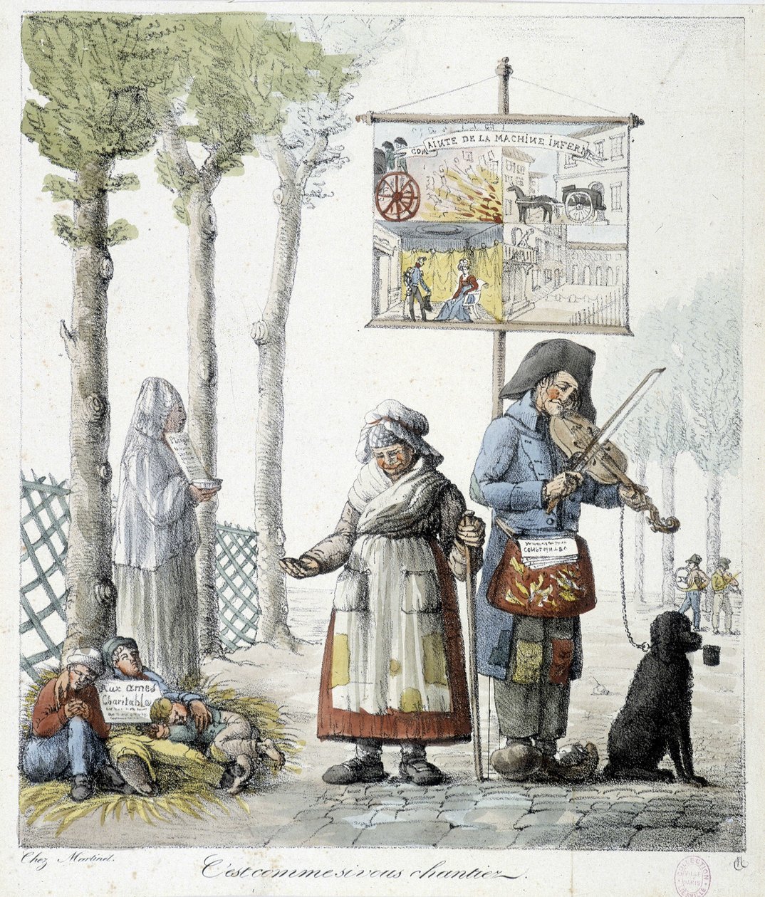 Straatmuzikanten, bedelende kinderen - lithografie door Unknown artist