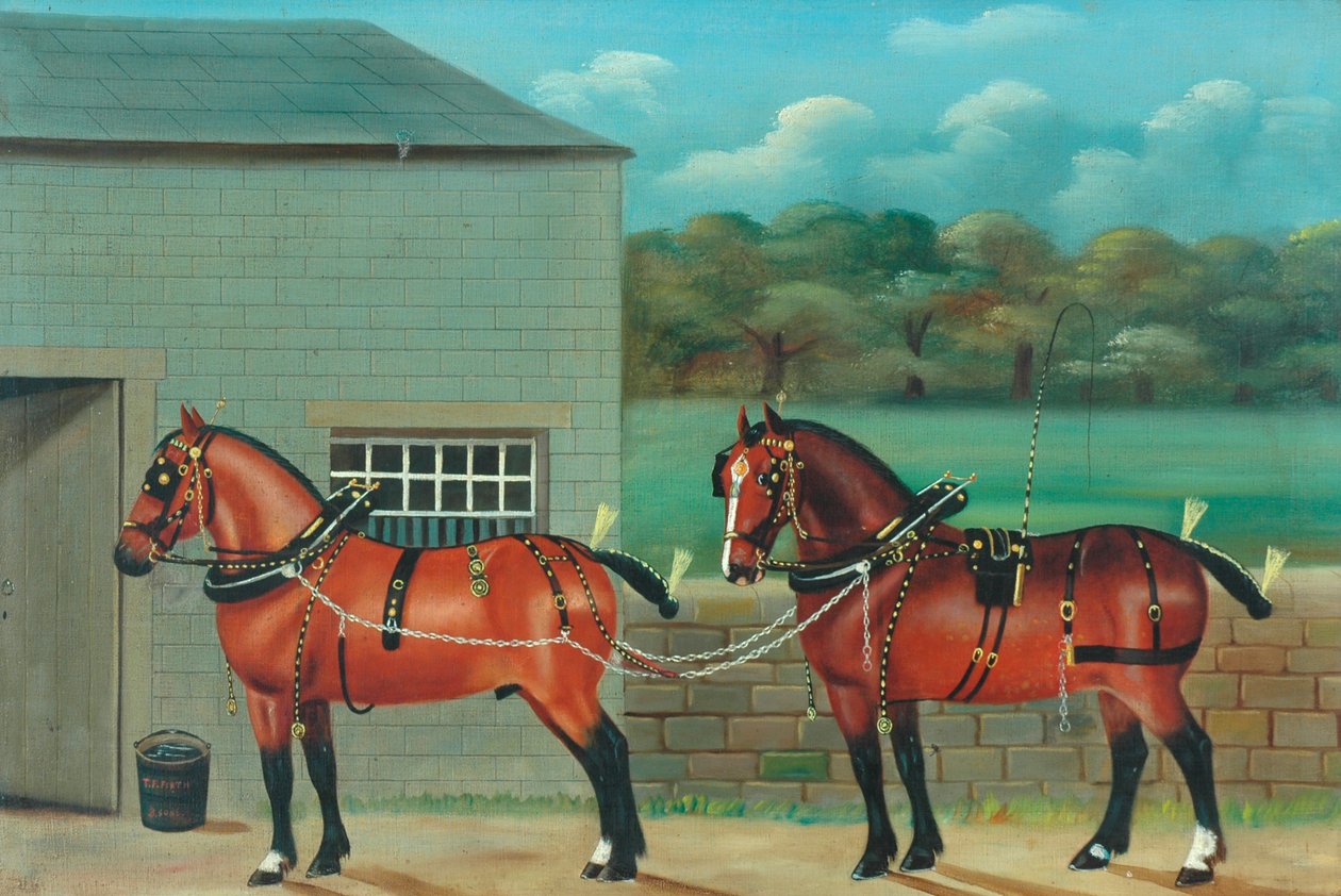 Twee Paarden in Harnas door Unknown