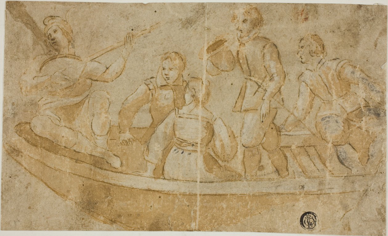 Drie mannen, vrouw en luitspeler in boot door Unknown Italian