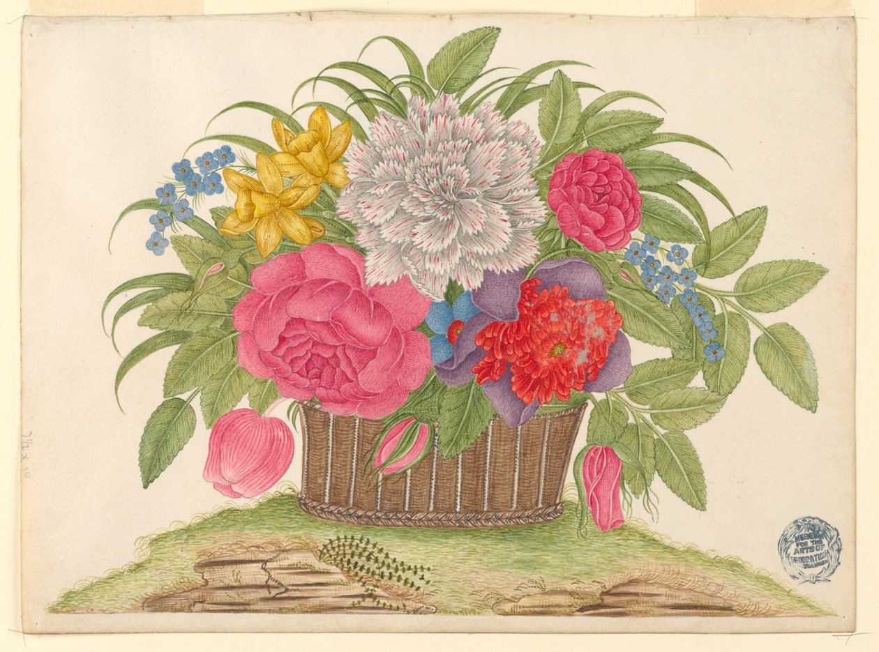Mand met bloemen en bladeren op de grond door Unknown artist