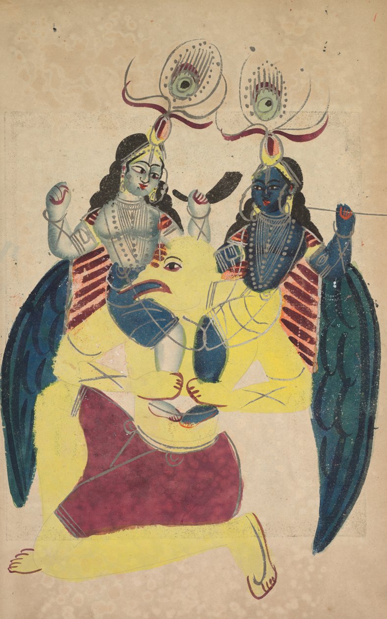 Garuda draagt Balarama en Krishna (verso) door Unknown artist