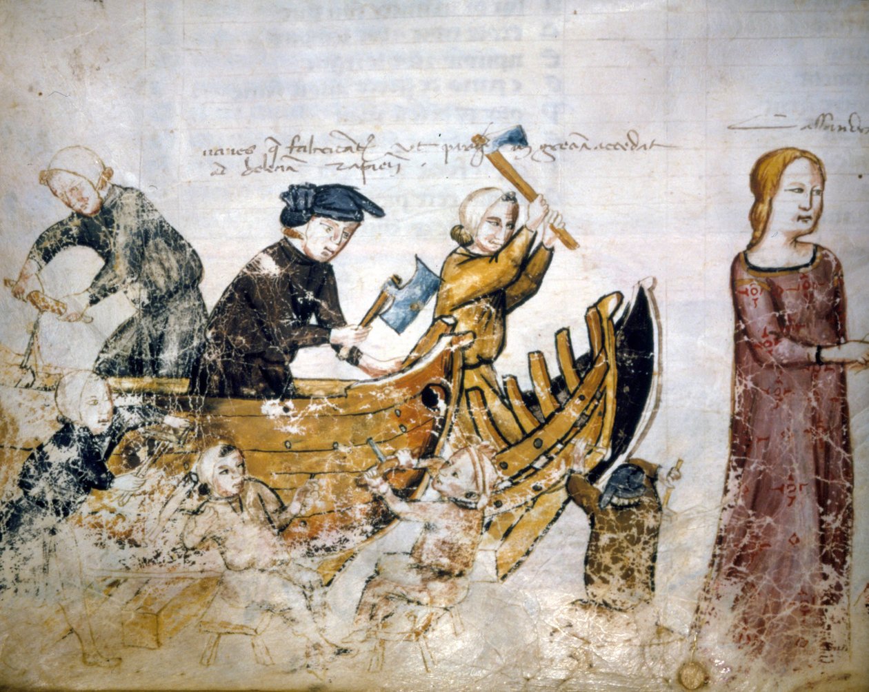 Scène van scheepsbouw in de 13e eeuw. door Unknown artist
