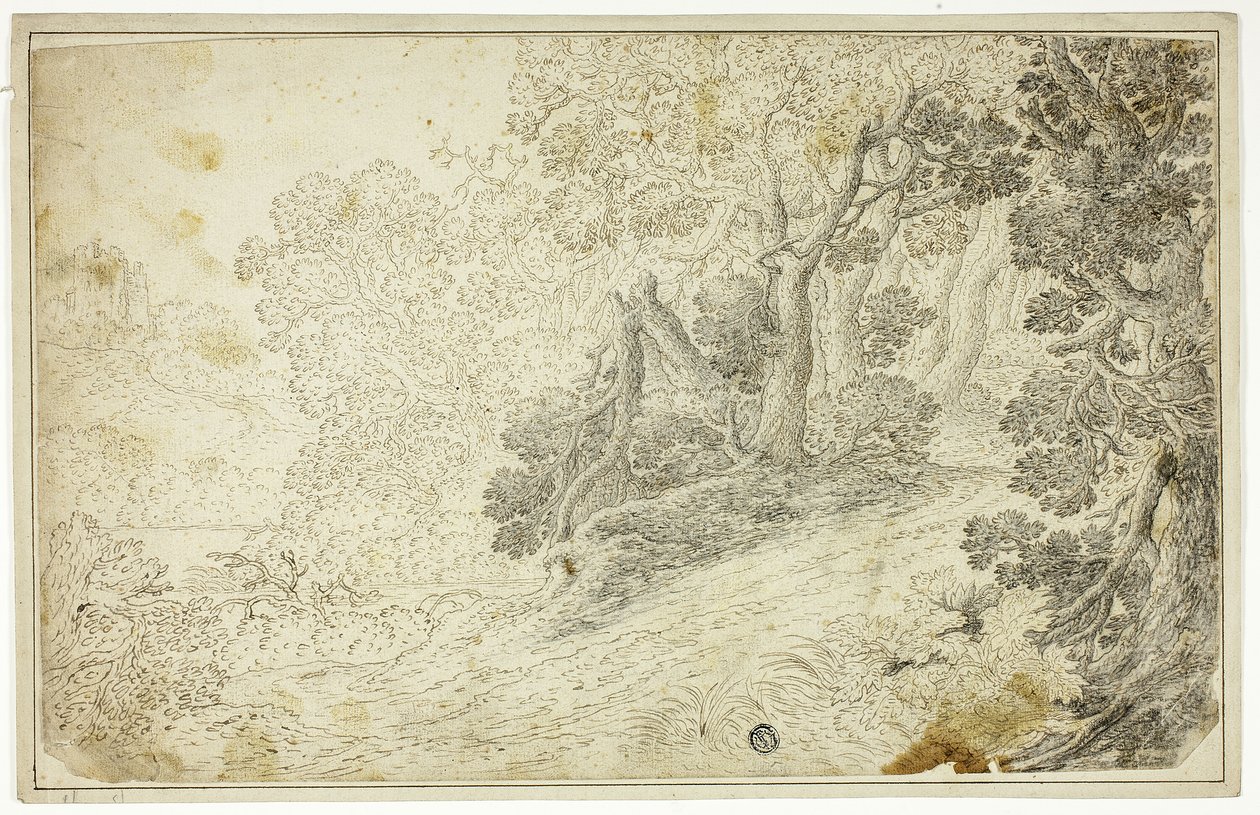 Bosrijk Rivierlandschap met Uitzicht op Kasteel door Unknown artist