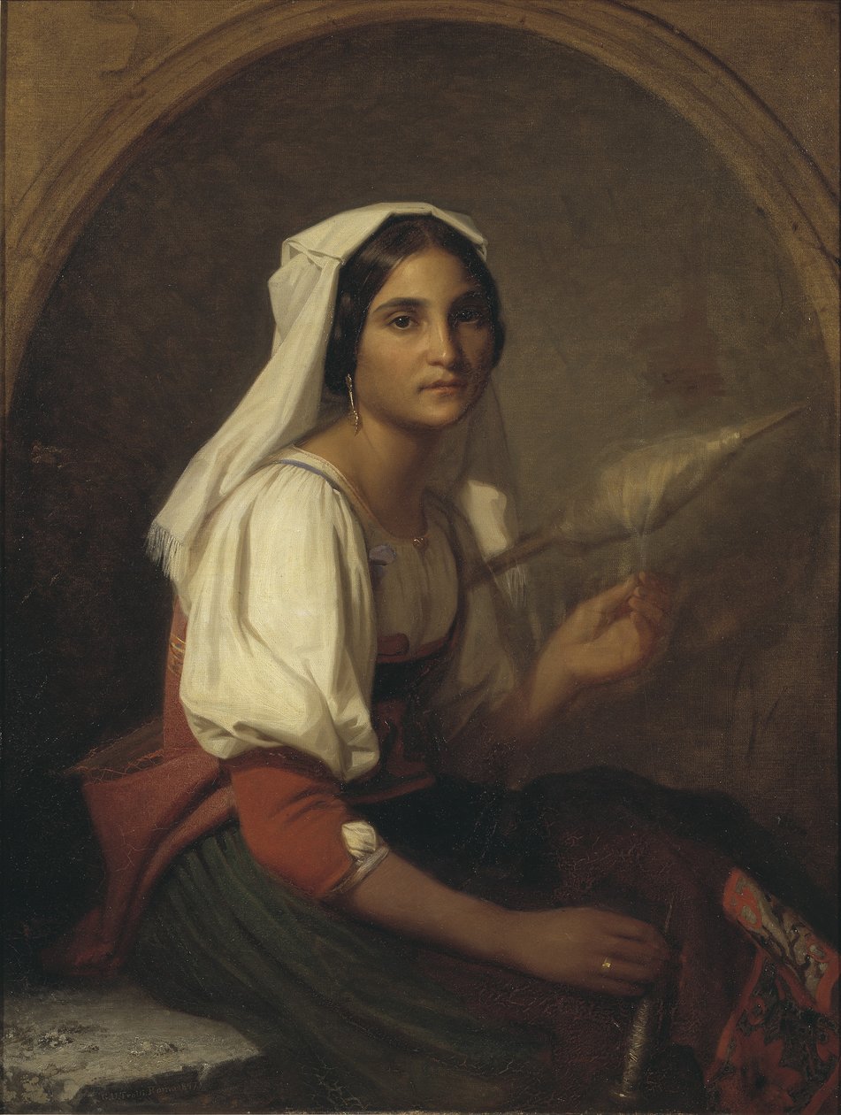Een Italiaanse vrouw die vlas spint door Uno Troili