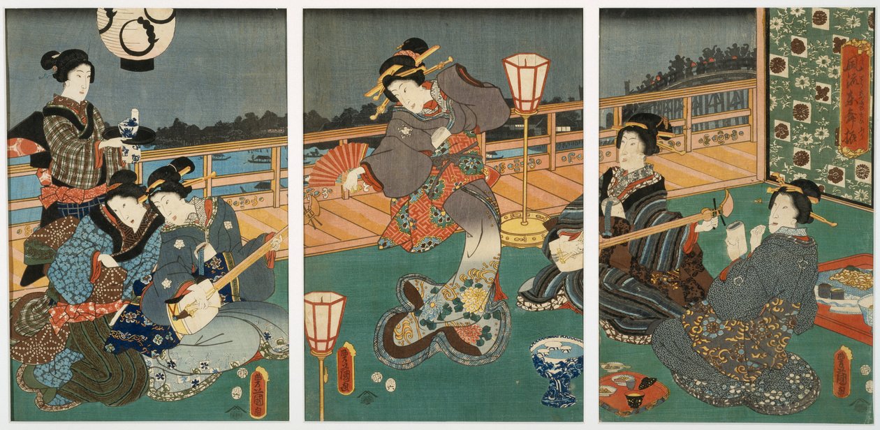 Courtisanes vermaken zich, drieluik, midden 19e eeuw door Utagawa Kunisada