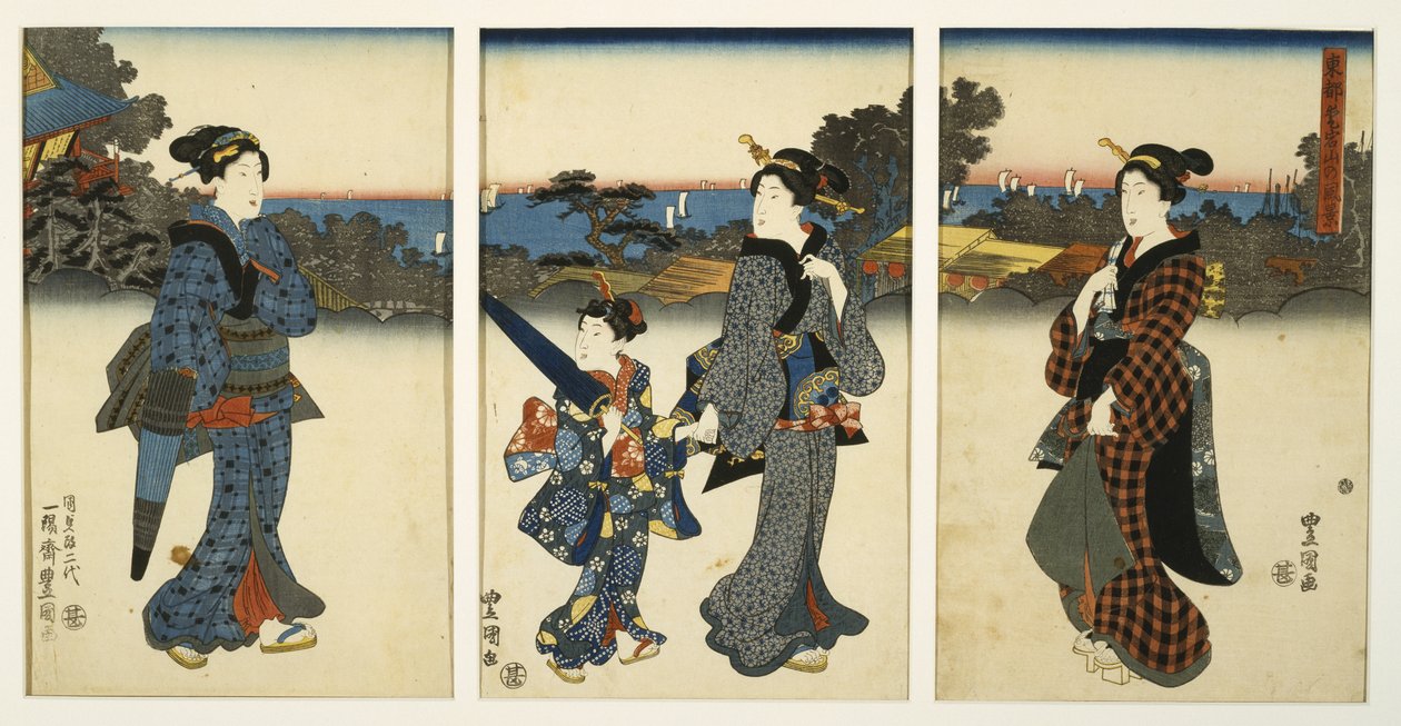 Courtisanes wandelen langs de zee, midden 19e eeuw door Utagawa Kunisada