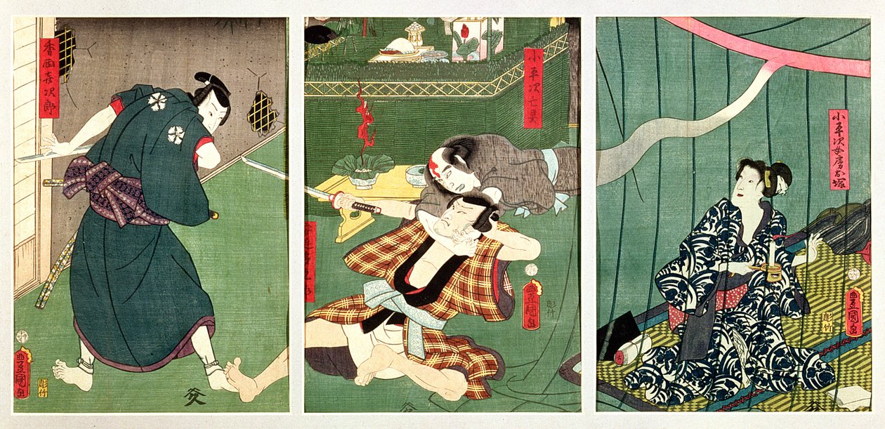 De acteurs Ichikawa Kodanji IV als de geest van Koheiji met wai Kumesaburo als O-Tsuka, vrouw van Koheiji, Sawamura Tossho II en Kijiro in een scène uit het stuk 