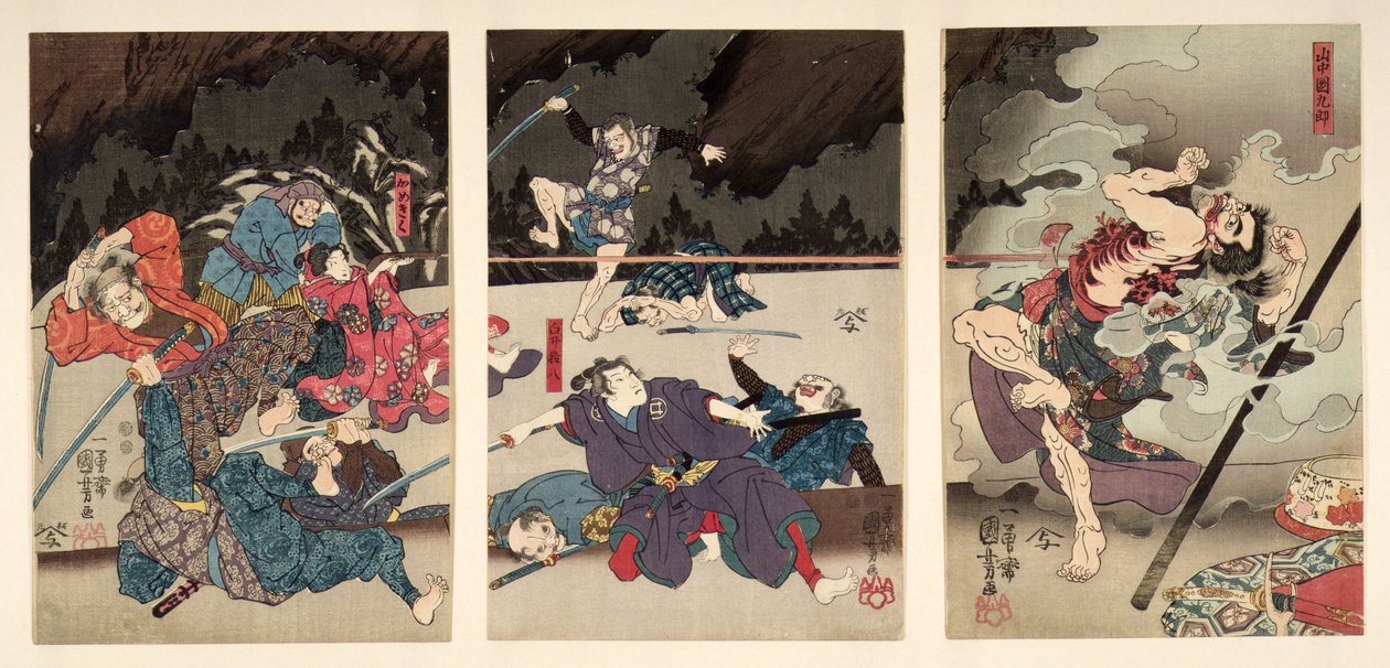 De dood van Yamanaka Dankuro, drieluik door Utagawa Kuniyoshi