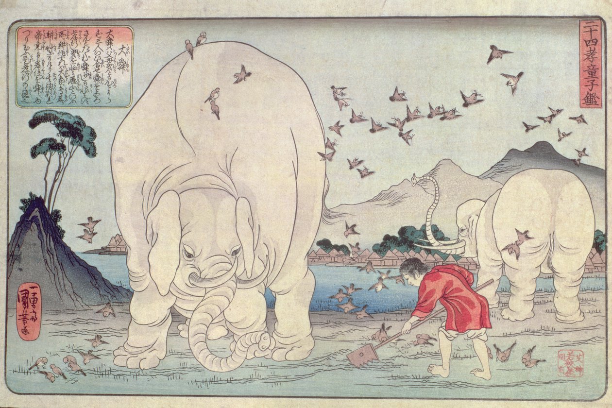 Vierentwintig voorbeelden: Tai Shun en de Olifanten, pub. c.1830 door Utagawa Kuniyoshi
