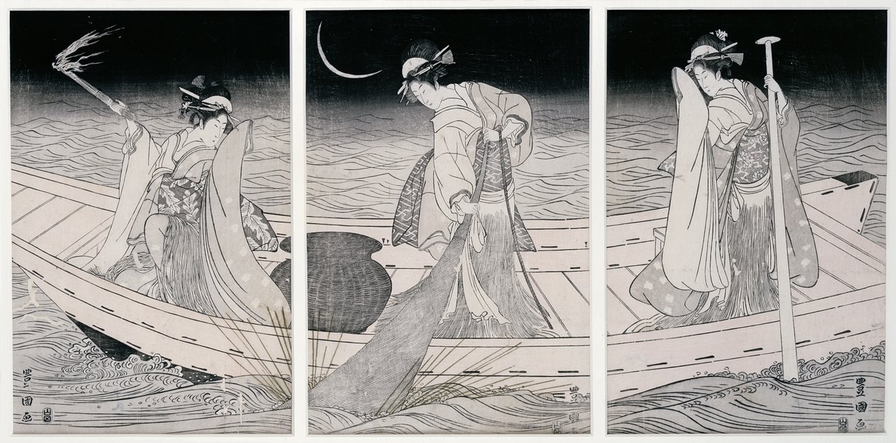 Drie vrouwen op een boot vissen bij lamplicht door Utagawa Toyokuni