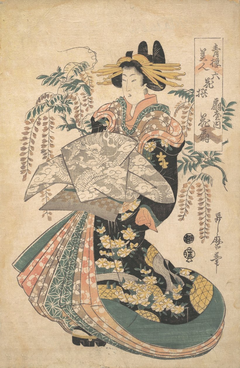 Een Courtisane met Wisteria op de Achtergrond door Utamaro II
