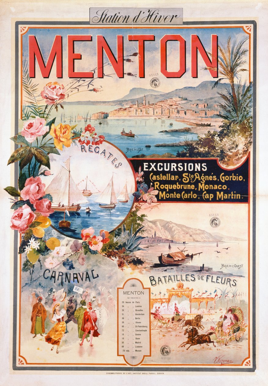 Poster die Menton als Winteroord adverteert door V. Nozeran