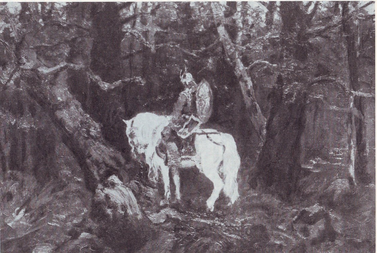 In overpeinzing (Ridder te paard rijdt het donkere bos in) door V.Vasnetsov