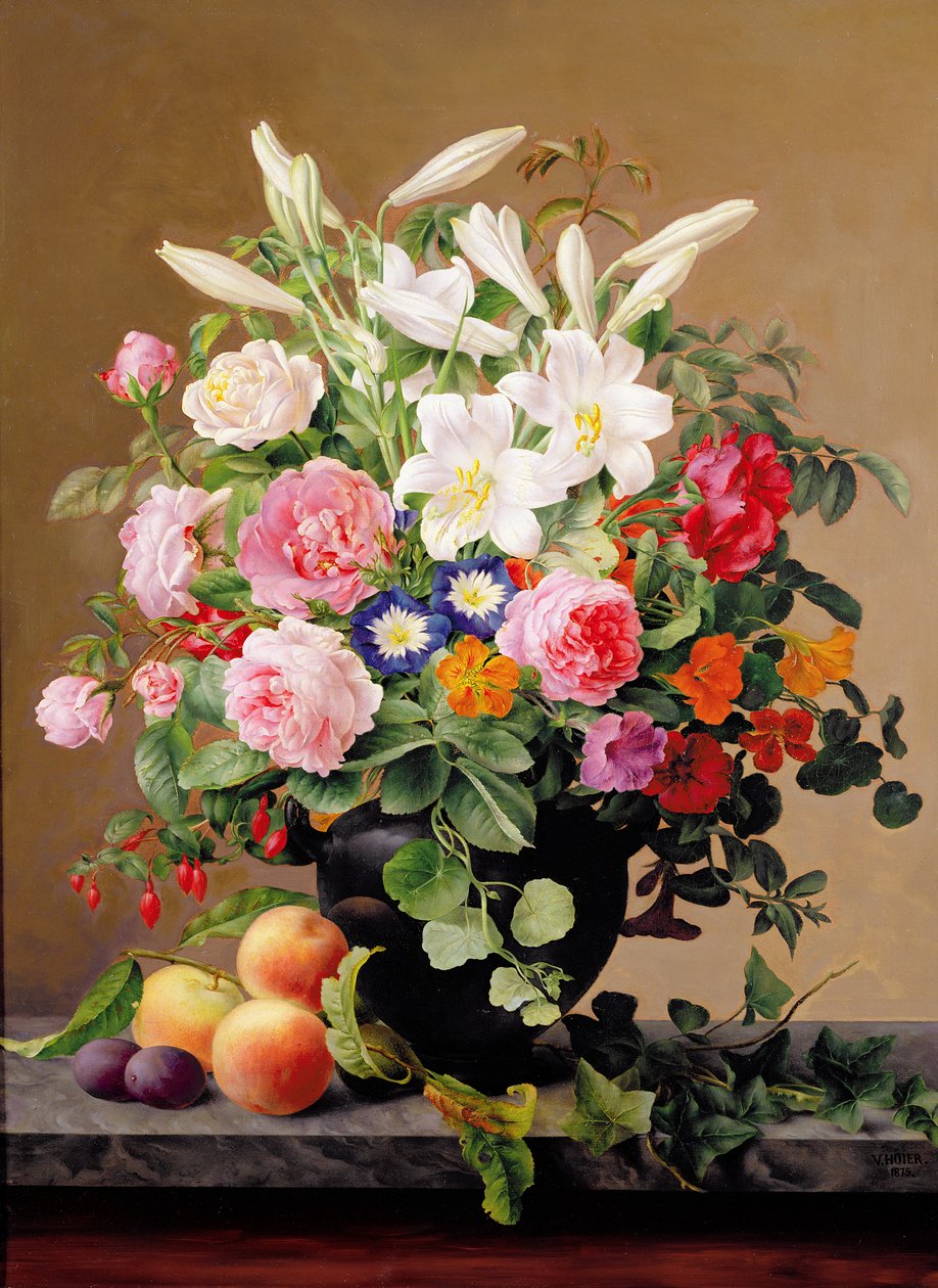 Stilleven met bloemen en fruit door V. Hoier