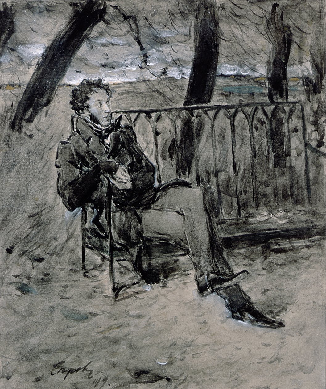 Alexander Pushkin in een park door Valentin Aleksandrovich Serov