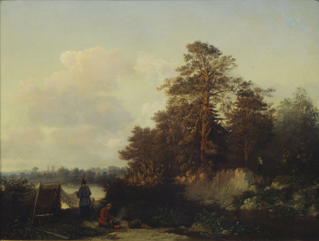 Landschap met Vissers, 1852 door Valerian Konstantinovich Kamenev