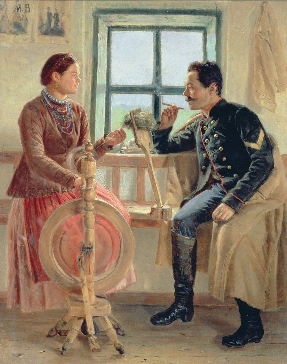 Gesprek bij het Spinnewiel, 1884 door Vasilev Mikhail Nikolaevich