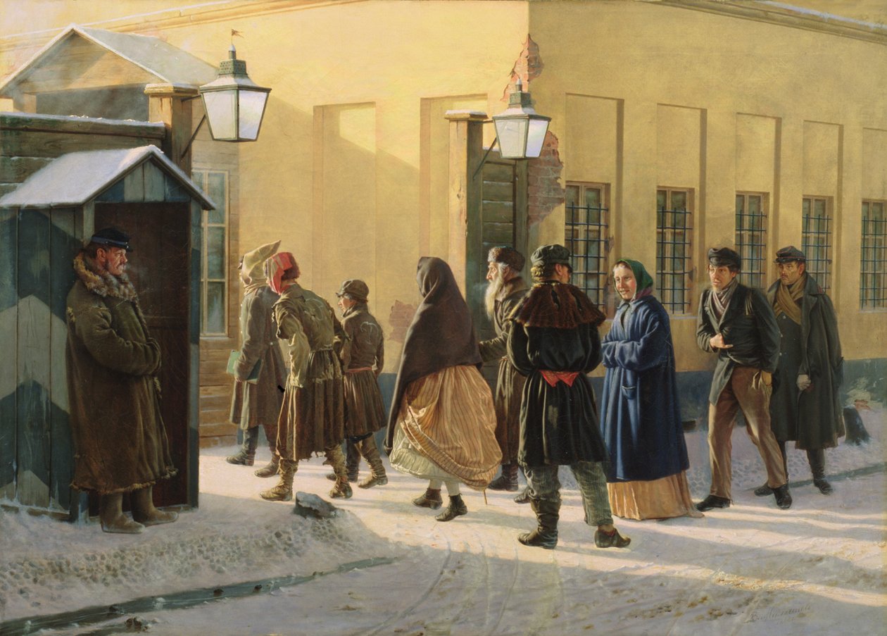 Straatscène, buiten een gevangenis, 1868 door Vasili Georgievich Malyschev