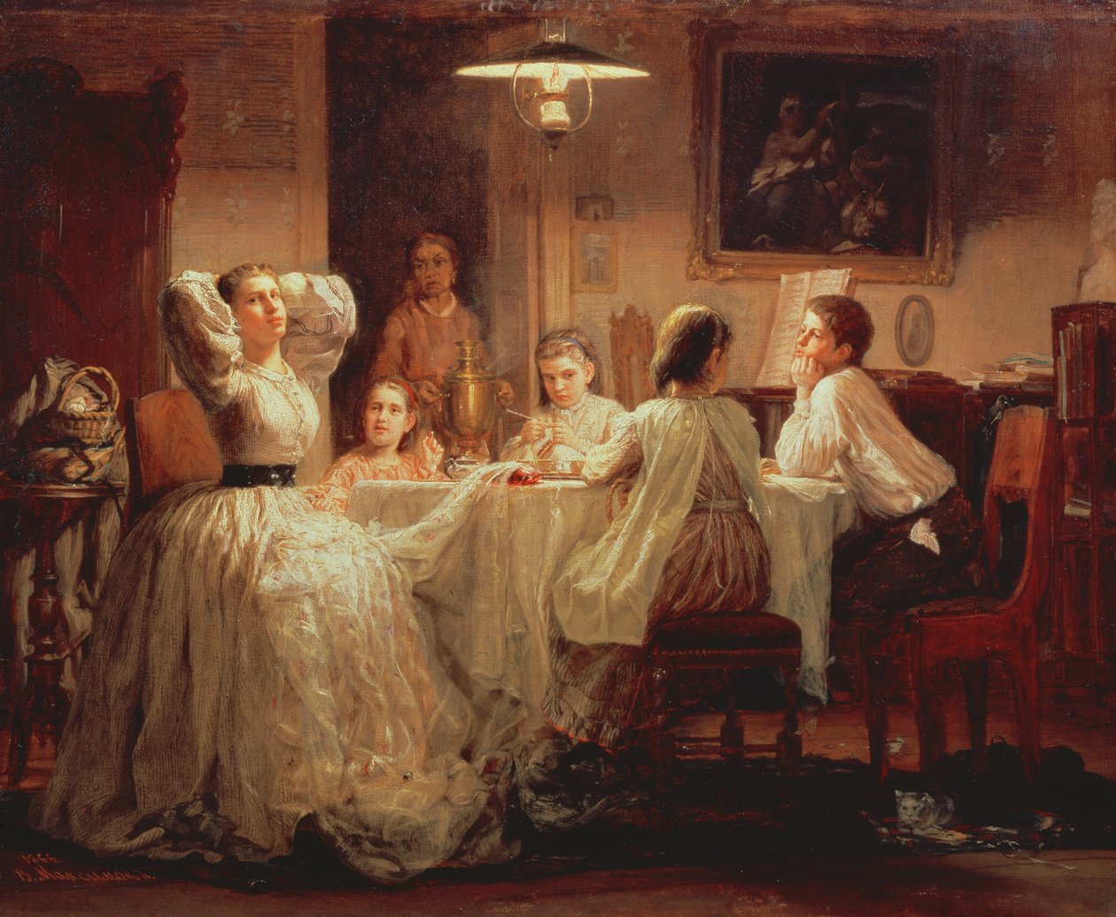 Het naaien van de bruidsschat, 1866 door Vasily Maximov