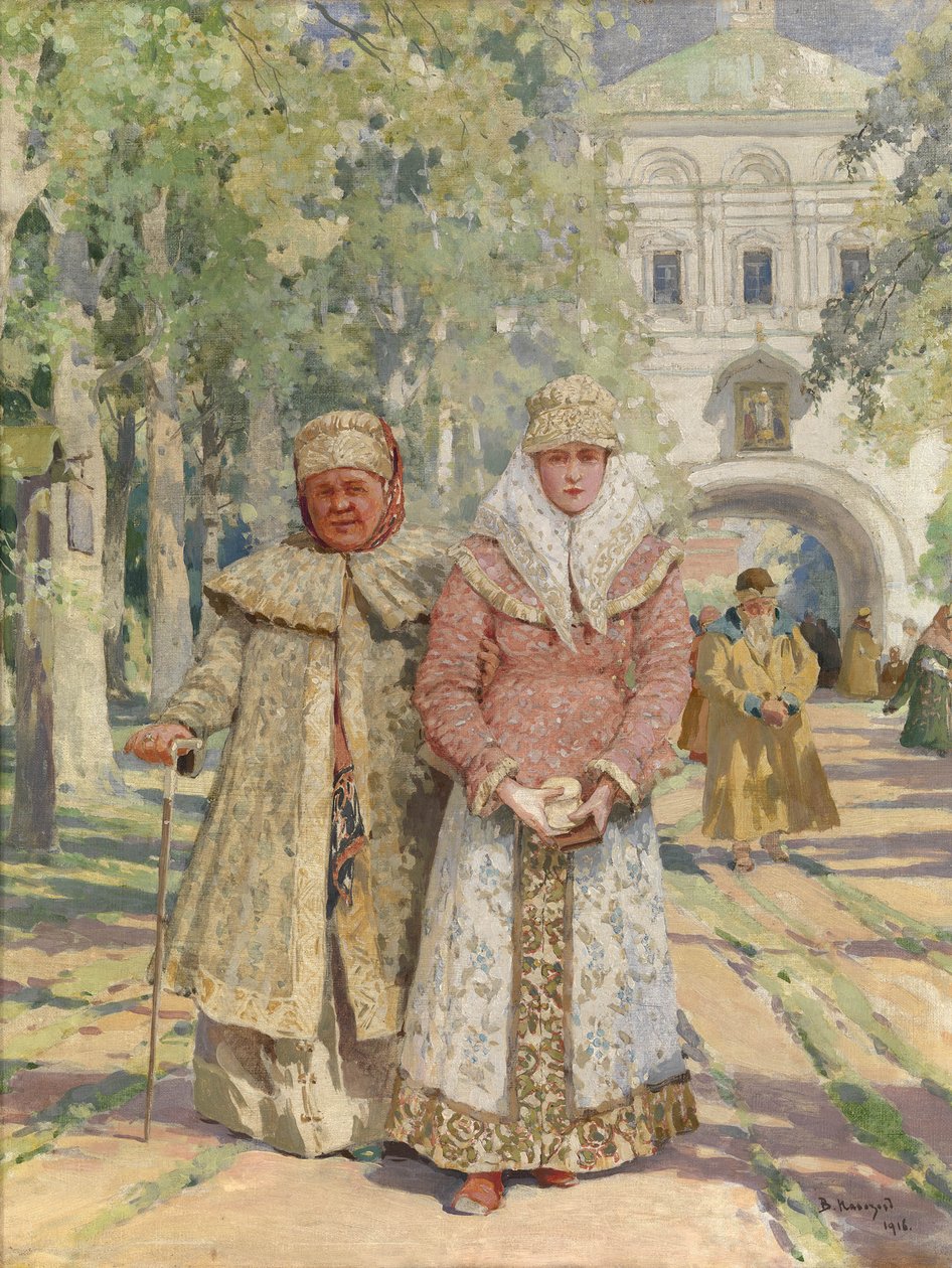 Buiten de kloosterpoort door Vasily Ivanovich Navozov