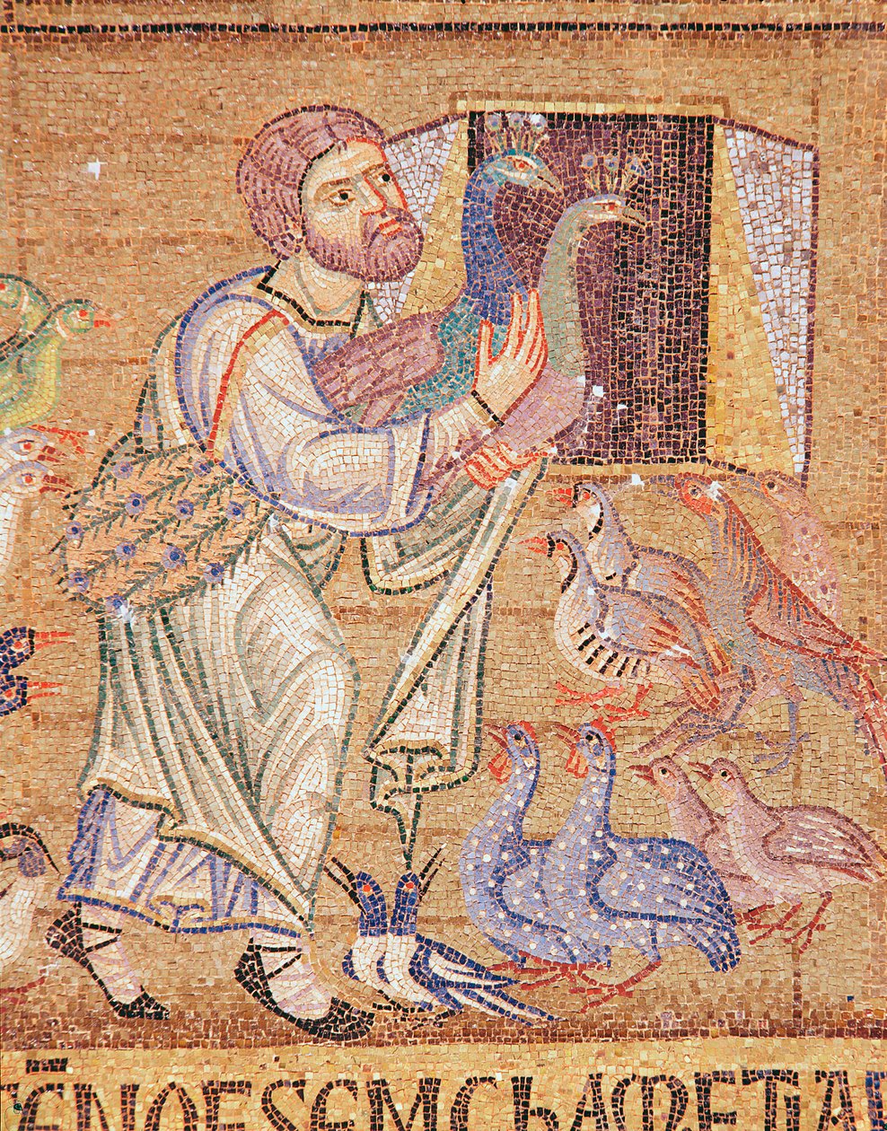 De zondvloed, uit het Atrium, detail van Noach die pauwen op de ark zet (mozaïek) door Byzantine School