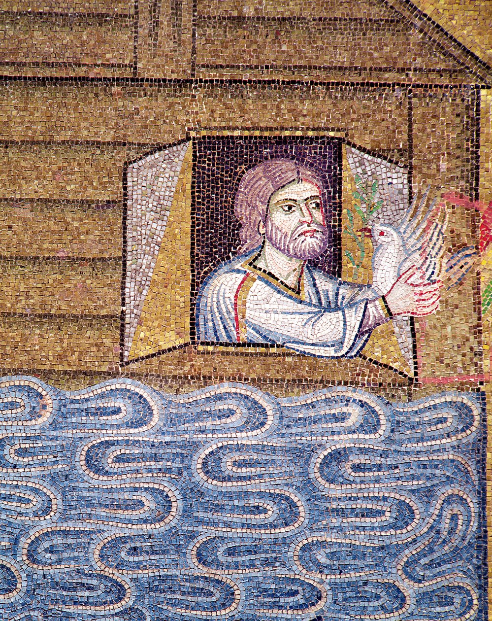 De zondvloed, uit het atrium, detail van Noach die de witte duif ontvangt door Byzantine School
