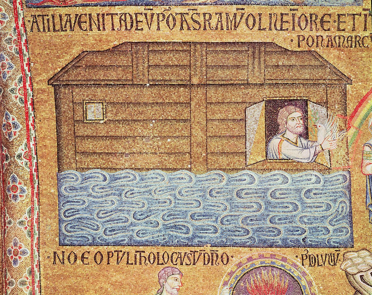 De zondvloed, uit het Atrium, detail van Noach die de witte duif ontvangt (mozaïek) door Byzantine School