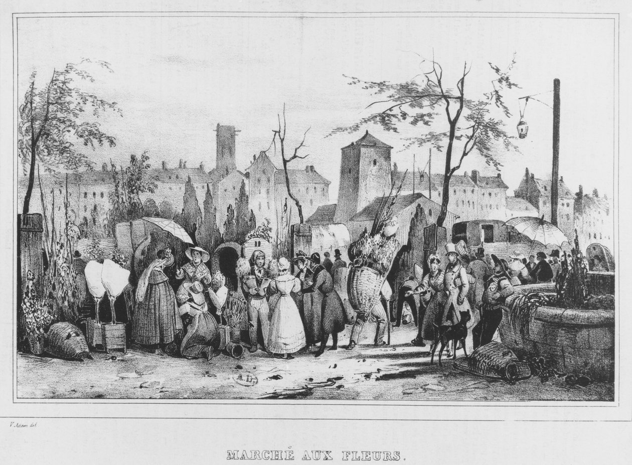 De bloemenmarkt in Parijs, 1834 door Victor Adam