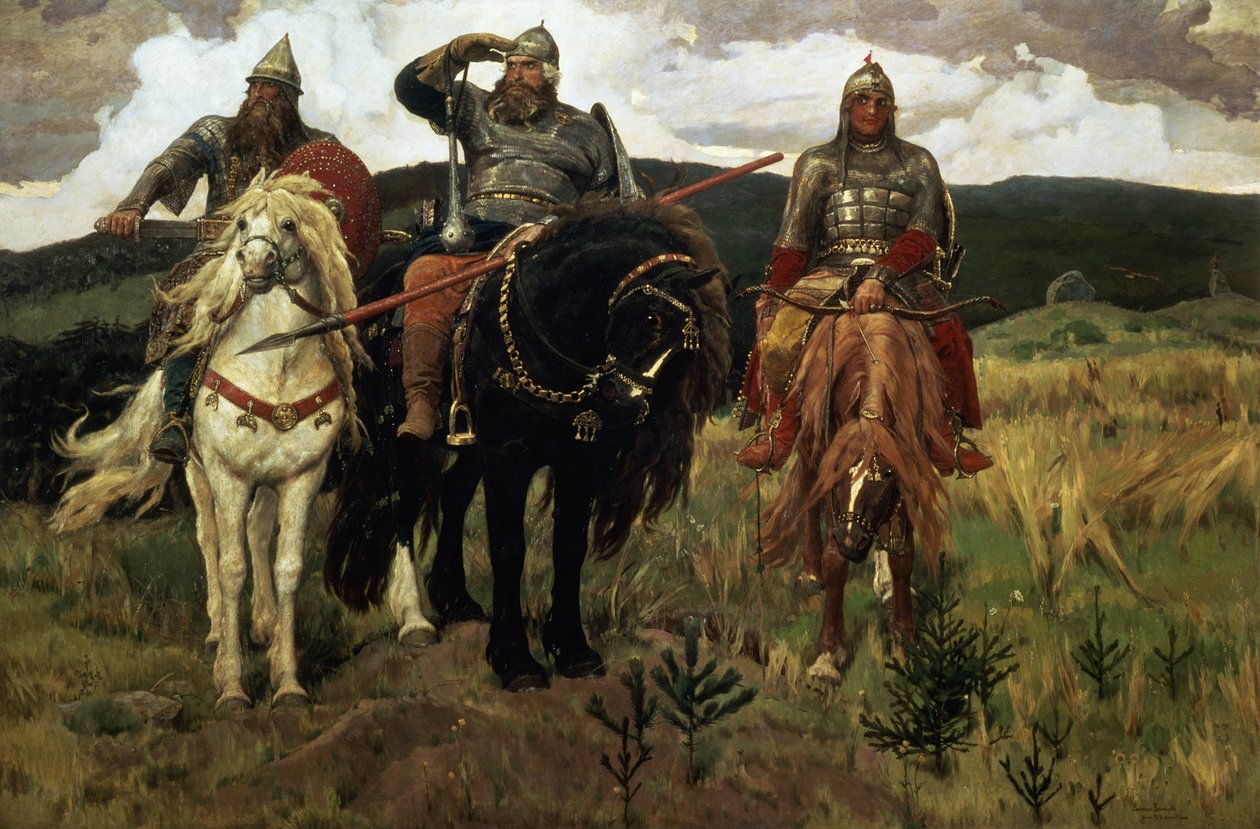 Krijgerridders, 1881-98 door Victor Mikhailovich Vasnetsov